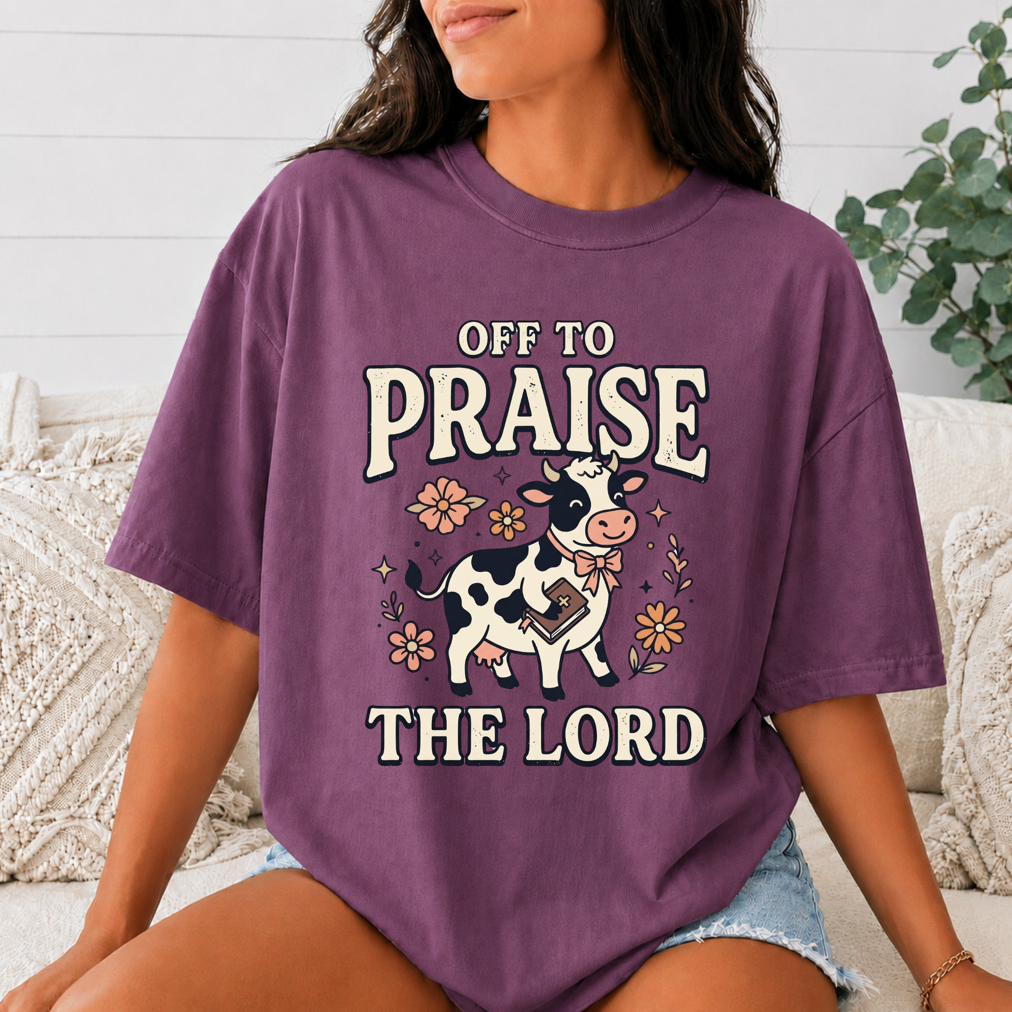 Comfort Colors Off to Praise the Lord Christian T-Shirt, Cute Cow Bible Tee, Floral Faith Graphic Shirt, Western Christian Gift