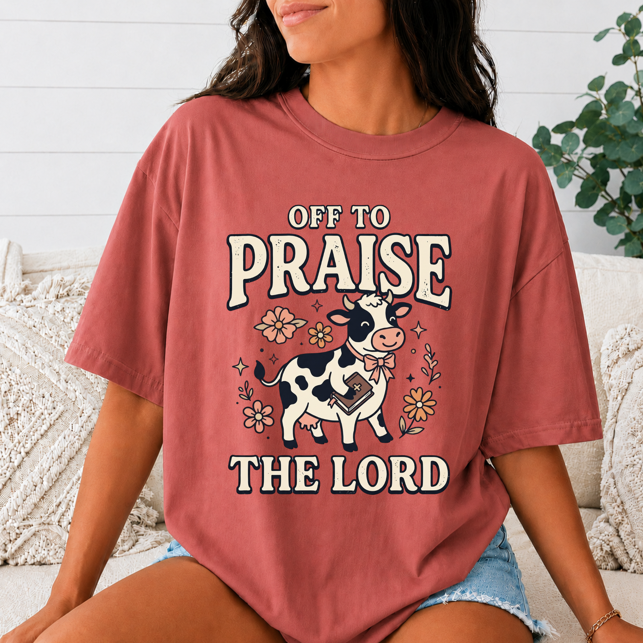 Comfort Colors Off to Praise the Lord Christian T-Shirt, Cute Cow Bible Tee, Floral Faith Graphic Shirt, Western Christian Gift