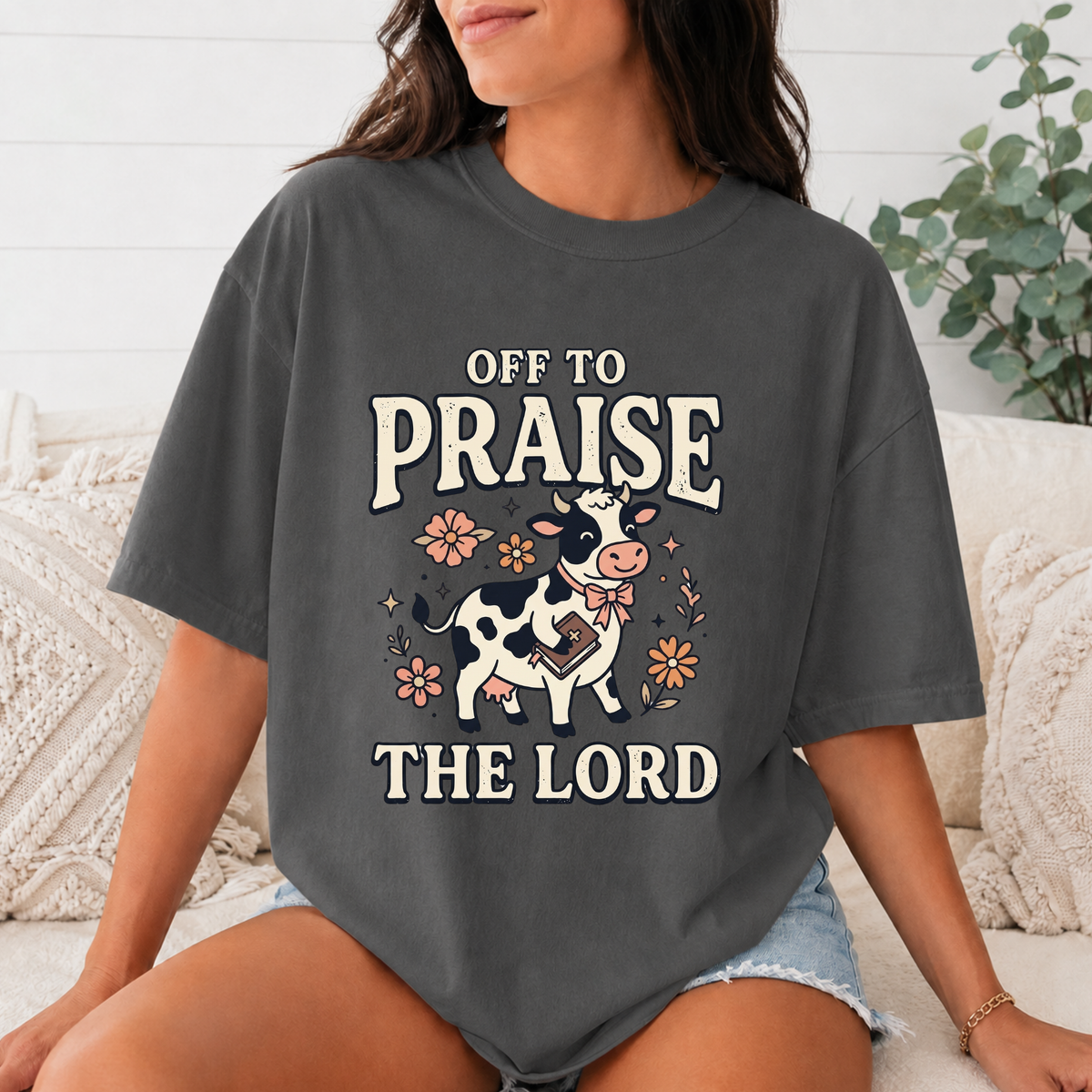 Comfort Colors Off to Praise the Lord Christian T-Shirt, Cute Cow Bible Tee, Floral Faith Graphic Shirt, Western Christian Gift