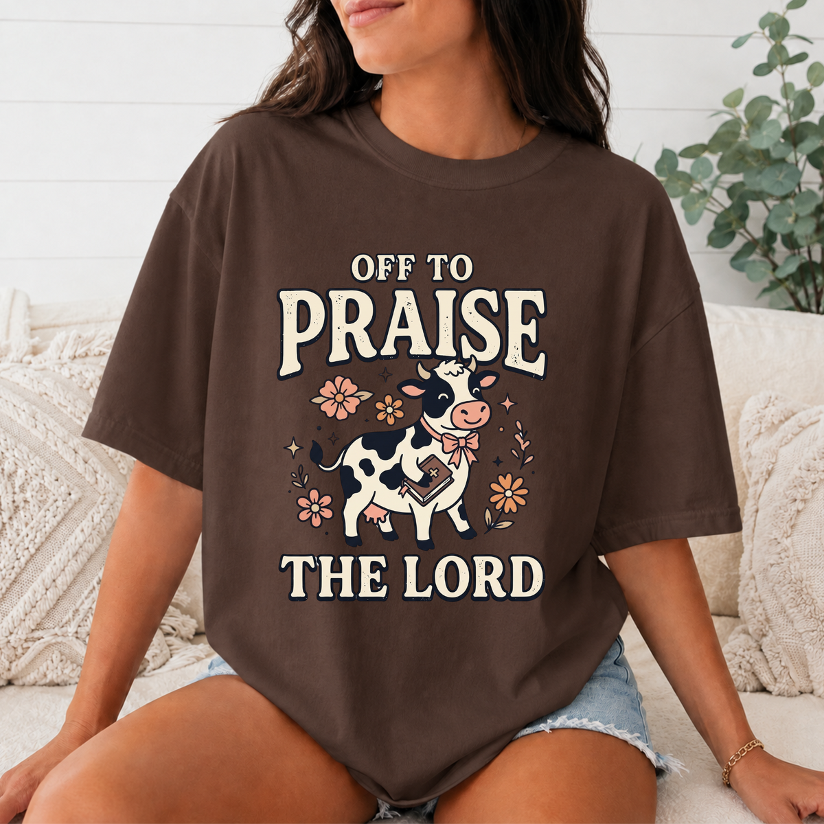 Comfort Colors Off to Praise the Lord Christian T-Shirt, Cute Cow Bible Tee, Floral Faith Graphic Shirt, Western Christian Gift