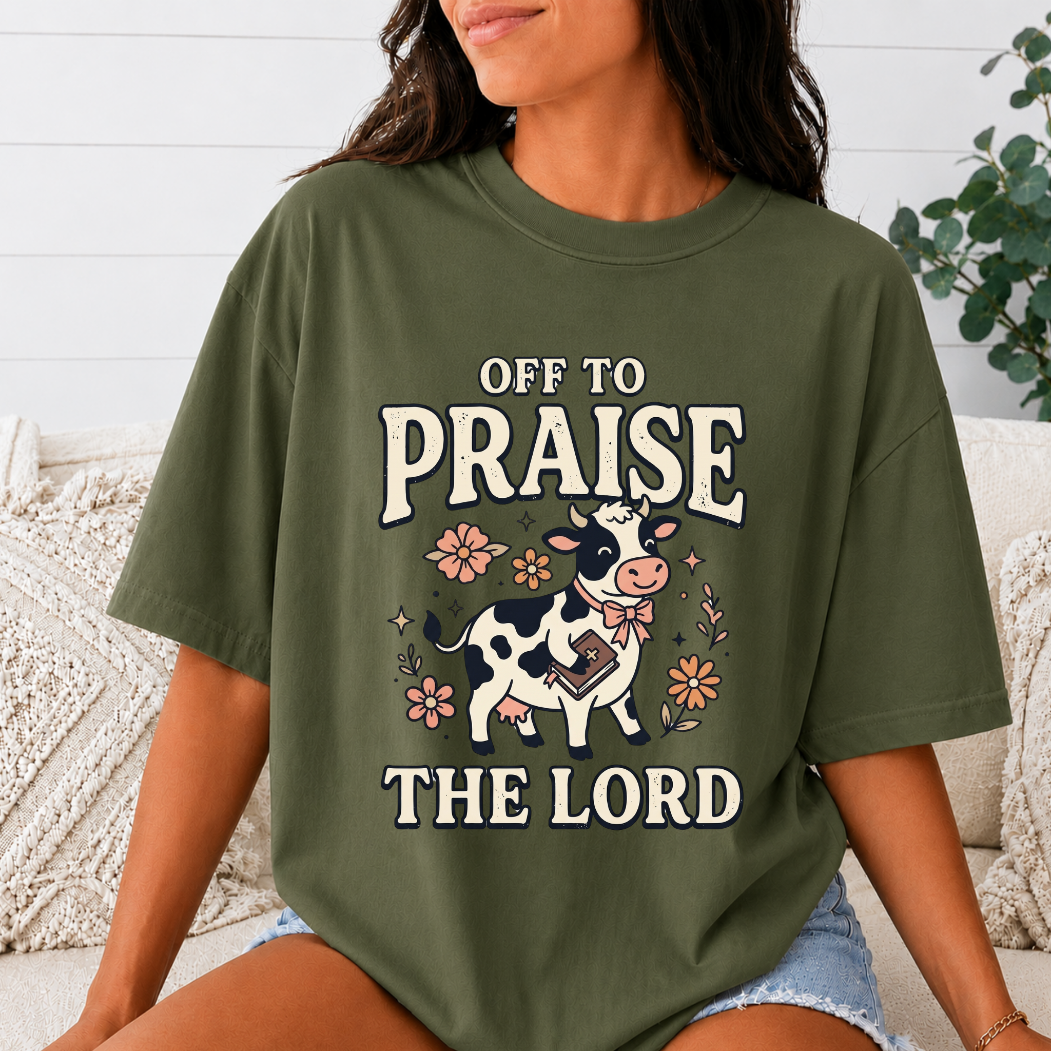 Comfort Colors Off to Praise the Lord Christian T-Shirt, Cute Cow Bible Tee, Floral Faith Graphic Shirt, Western Christian Gift