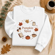 Pumpkin Spice Fall Sweatshirt, Cozy Autumn Crewneck Sweater, Coffee Pumpkin Leaves Graphic Pullover, Cute Book Lover Fall Sweatshirt