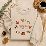 Pumpkin Spice Fall Sweatshirt, Cozy Autumn Crewneck Sweater, Coffee Pumpkin Leaves Graphic Pullover, Cute Book Lover Fall Sweatshirt