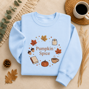 Pumpkin Spice Fall Sweatshirt, Cozy Autumn Crewneck Sweater, Coffee Pumpkin Leaves Graphic Pullover, Cute Book Lover Fall Sweatshirt