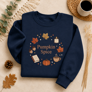 Pumpkin Spice Fall Sweatshirt, Cozy Autumn Crewneck Sweater, Coffee Pumpkin Leaves Graphic Pullover, Cute Book Lover Fall Sweatshirt