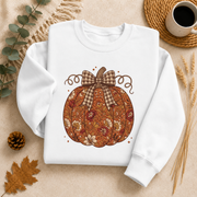 Floral Pumpkin Bow Fall Sweatshirt, Vintage Autumn Pumpkin Crewneck, Coquette Plaid Bow Sweater, Thanksgiving Fall Gift