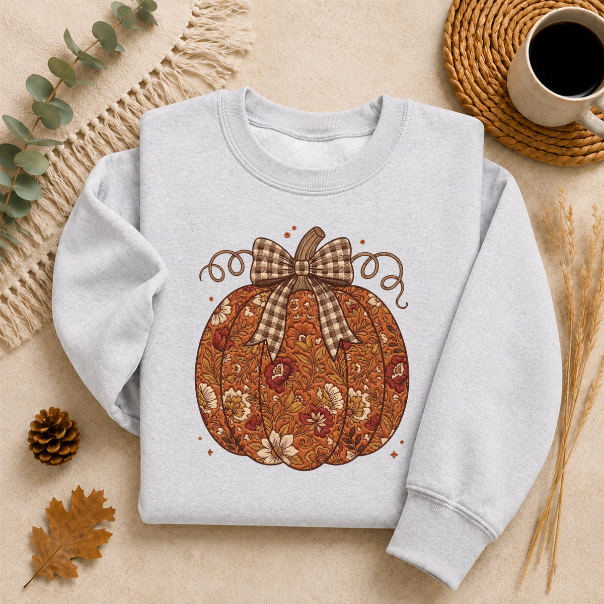 Floral Pumpkin Bow Fall Sweatshirt, Vintage Autumn Pumpkin Crewneck, Coquette Plaid Bow Sweater, Thanksgiving Fall Gift