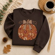 Floral Pumpkin Bow Fall Sweatshirt, Vintage Autumn Pumpkin Crewneck, Coquette Plaid Bow Sweater, Thanksgiving Fall Gift