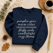 Pumpkin Spice Cozy Fall Sweatshirt, Warm Cider Autumn Crewneck, Fluffy Socks Candlelight Sweater, Cozy Season Fall Pullover