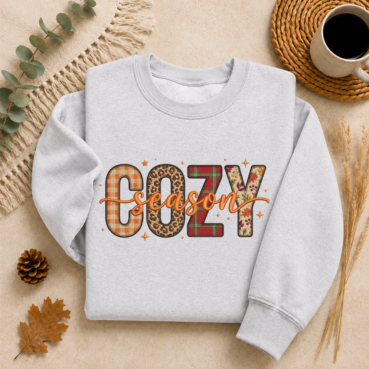 Cozy Season Fall Sweatshirt, Patchwork Autumn Crewneck Sweater, Plaid Leopard Floral Graphic Pullover, Cute Cozy Fall Gift