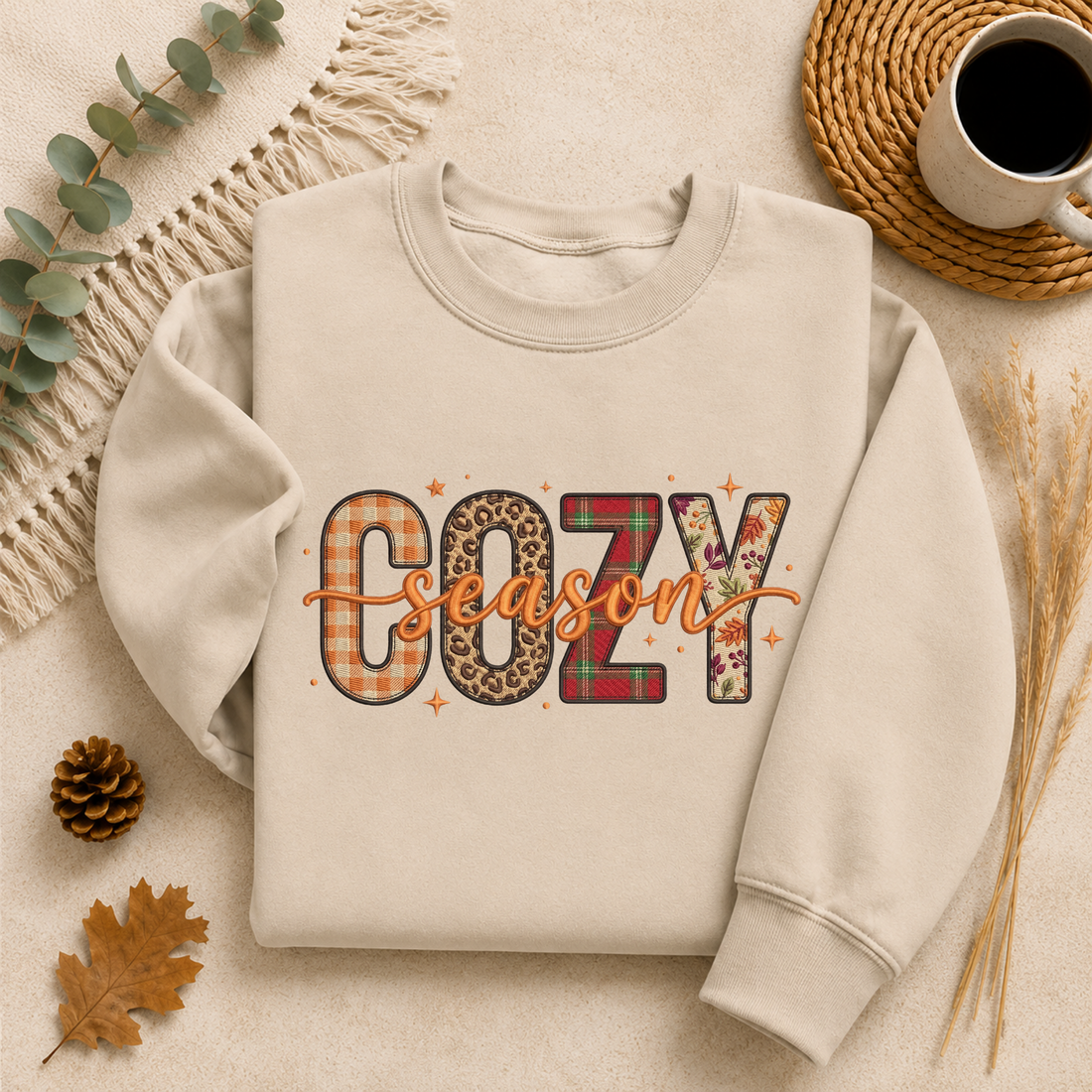 Cozy Season Fall Sweatshirt, Patchwork Autumn Crewneck Sweater, Plaid Leopard Floral Graphic Pullover, Cute Cozy Fall Gift