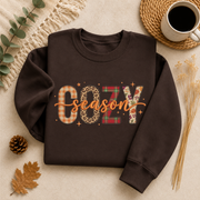 Cozy Season Fall Sweatshirt, Patchwork Autumn Crewneck Sweater, Plaid Leopard Floral Graphic Pullover, Cute Cozy Fall Gift