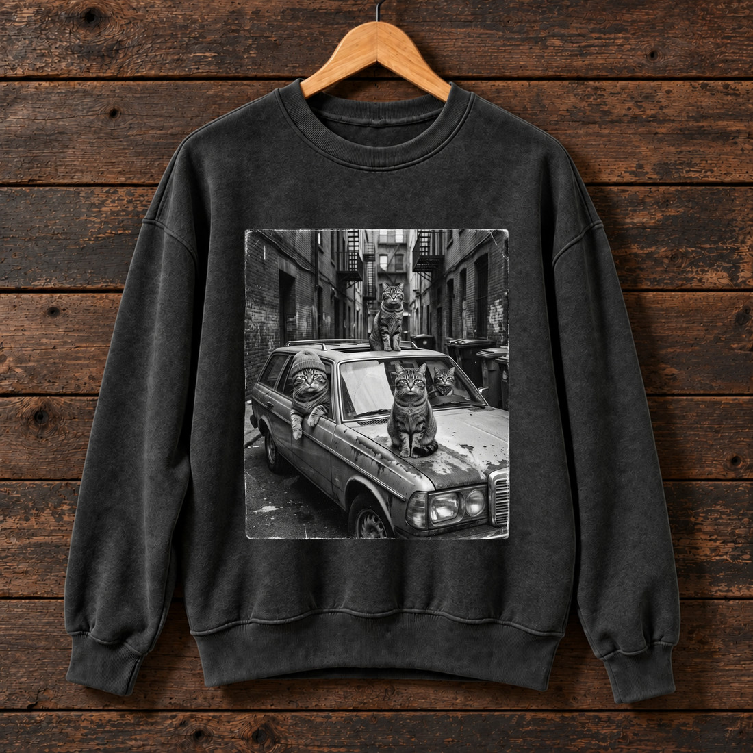 Vintage Alley Cats Sweatshirt, Black and White Cat Graphic Sweatshirt, Street Cats Car Sweatshirt, Urban Feline Lover Gift