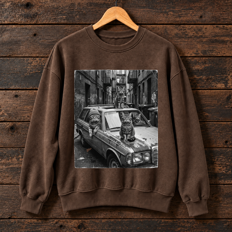 Vintage Alley Cats Sweatshirt, Black and White Cat Graphic Sweatshirt, Street Cats Car Sweatshirt, Urban Feline Lover Gift