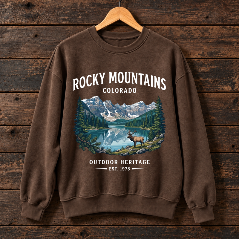 Rocky Mountains Colorado Sweatshirt, Vintage Outdoor Heritage Crewneck, Elk Mountain Lake Graphic Sweater, Hiking Camping Nature Gift