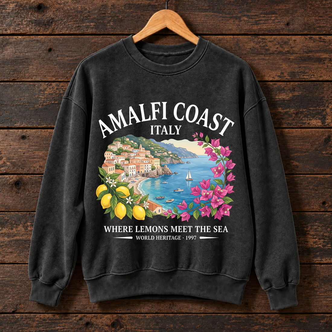 Amalfi Coast Italy Sweatshirt, Italian Coastal Travel Crewneck, Lemon Mediterranean Graphic Sweater, Italy Vacation Gift