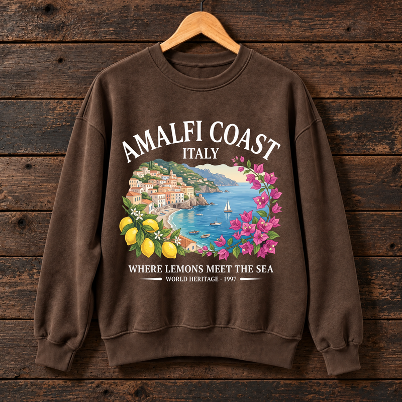 Amalfi Coast Italy Sweatshirt, Italian Coastal Travel Crewneck, Lemon Mediterranean Graphic Sweater, Italy Vacation Gift