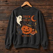 Trick or Treat Halloween Sweatshirt, Black Cat Pumpkin Witch Crewneck, Spooky October 31 Graphic Sweater, Halloween Gift