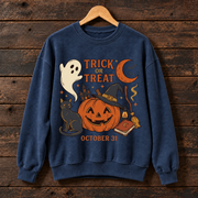 Trick or Treat Halloween Sweatshirt, Black Cat Pumpkin Witch Crewneck, Spooky October 31 Graphic Sweater, Halloween Gift