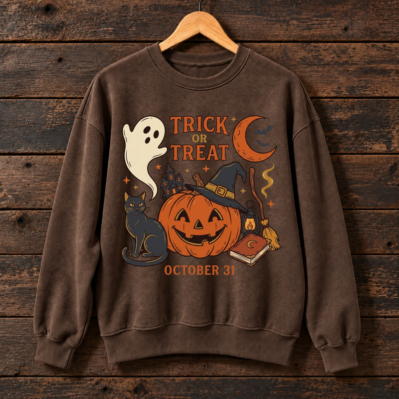 Trick or Treat Halloween Sweatshirt, Black Cat Pumpkin Witch Crewneck, Spooky October 31 Graphic Sweater, Halloween Gift