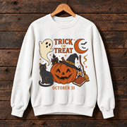 Trick or Treat Halloween Sweatshirt, Black Cat Pumpkin Witch Crewneck, Spooky October 31 Graphic Sweater, Halloween Gift