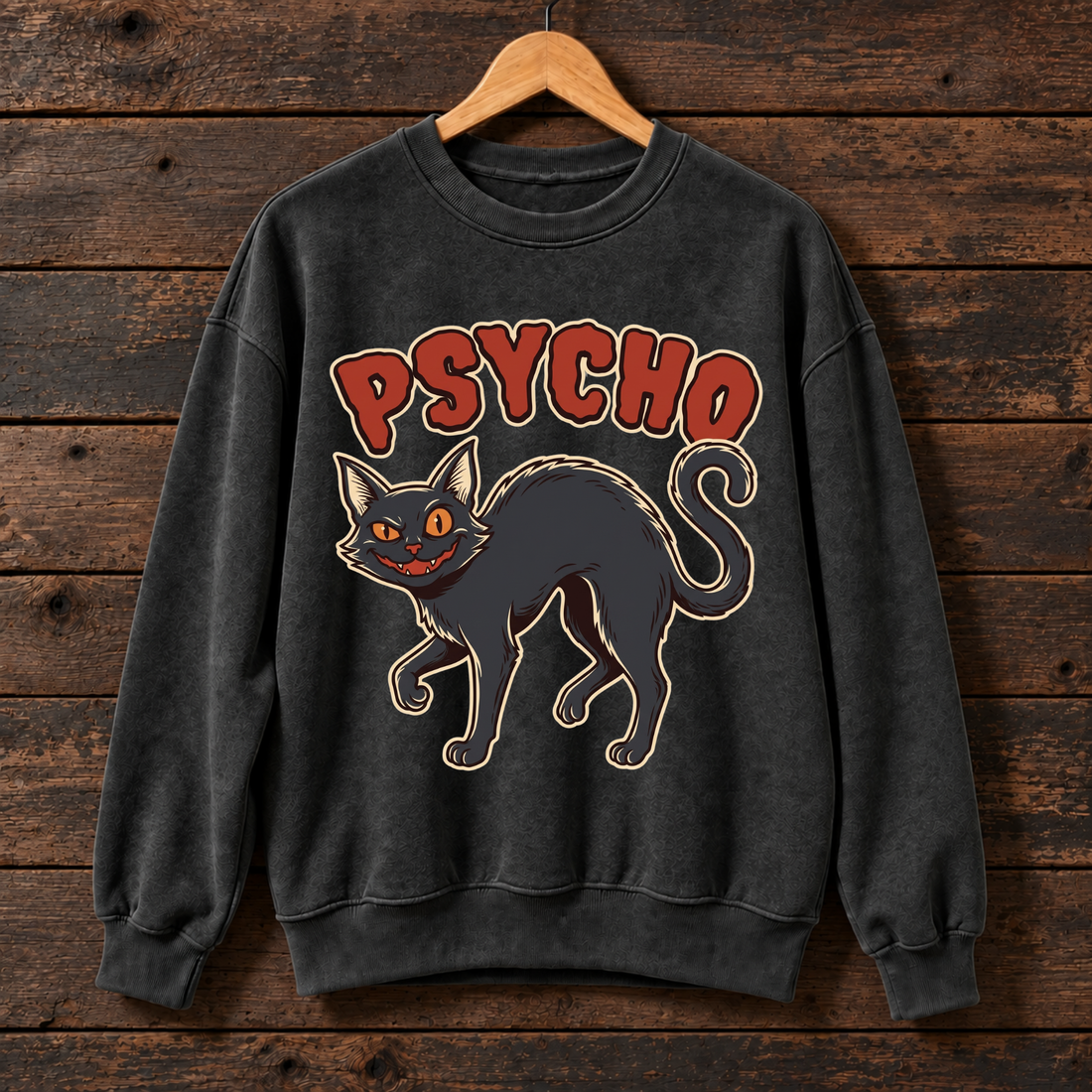 Psycho Black Cat Halloween Sweatshirt, Spooky Cat Graphic Crewneck, Vintage Scary Kitty Sweater, Funny Halloween Cat Lover Gift