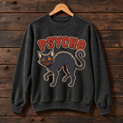 Psycho Black Cat Halloween Sweatshirt, Spooky Cat Graphic Crewneck, Vintage Scary Kitty Sweater, Funny Halloween Cat Lover Gift
