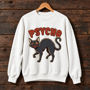 Psycho Black Cat Halloween Sweatshirt, Spooky Cat Graphic Crewneck, Vintage Scary Kitty Sweater, Funny Halloween Cat Lover Gift