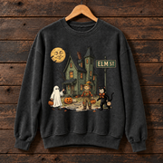Halloween Elm Street Sweatshirt, Vintage Haunted House Pumpkin Ghost Design