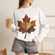 Patchwork Maple Leaf Fall Sweatshirt, Quilted Autumn Leaf Crewneck Sweater, Vintage Floral Plaid Thanksgiving Pullover, Cozy Fall Gift