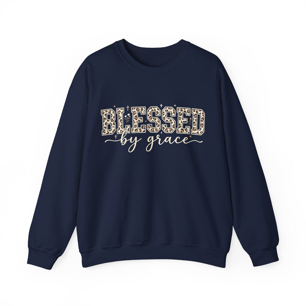 Blessed by Grace Christian Sweatshirt, Leopard Print Faith Crewneck, Western Christian Graphic Sweater, Religious Gift for Her