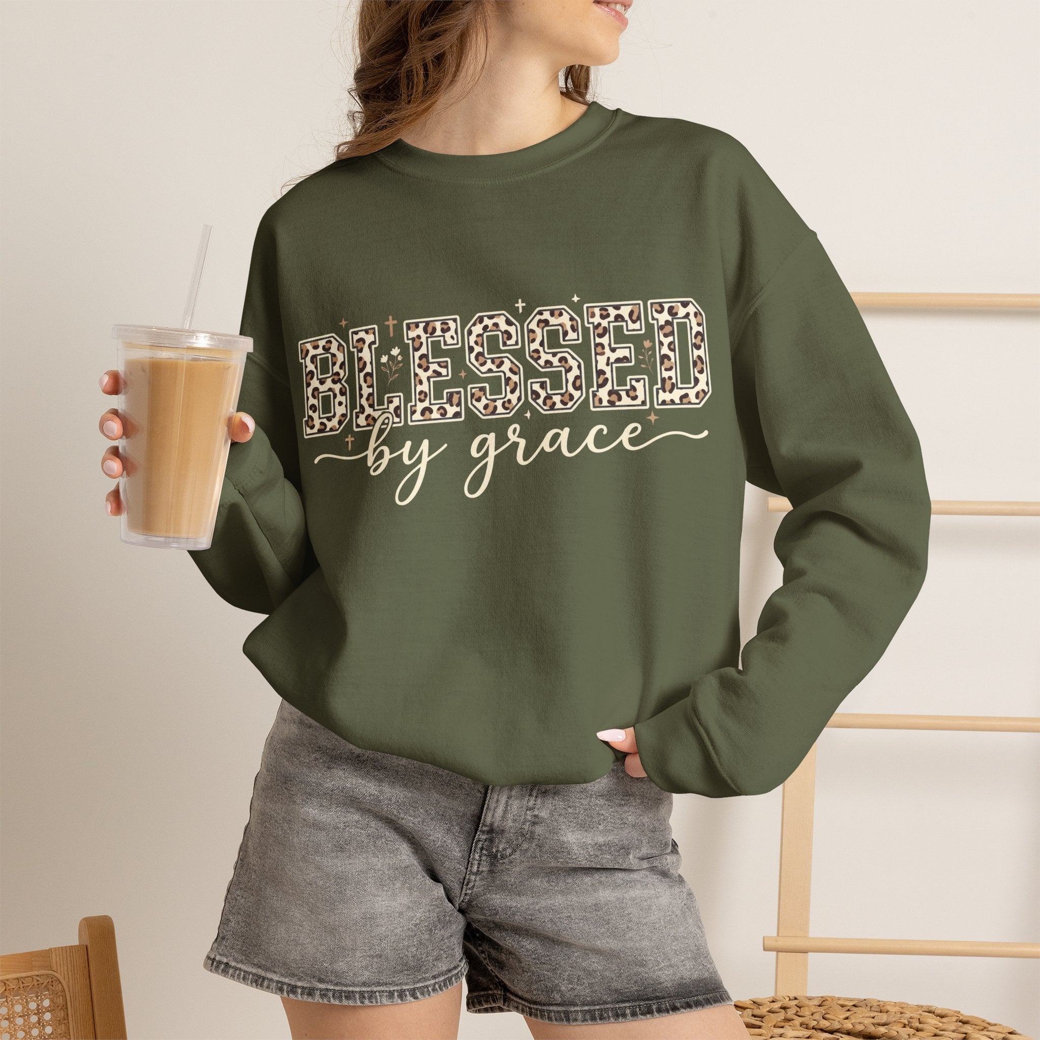 Blessed by Grace Christian Sweatshirt, Leopard Print Faith Crewneck, Western Christian Graphic Sweater, Religious Gift for Her