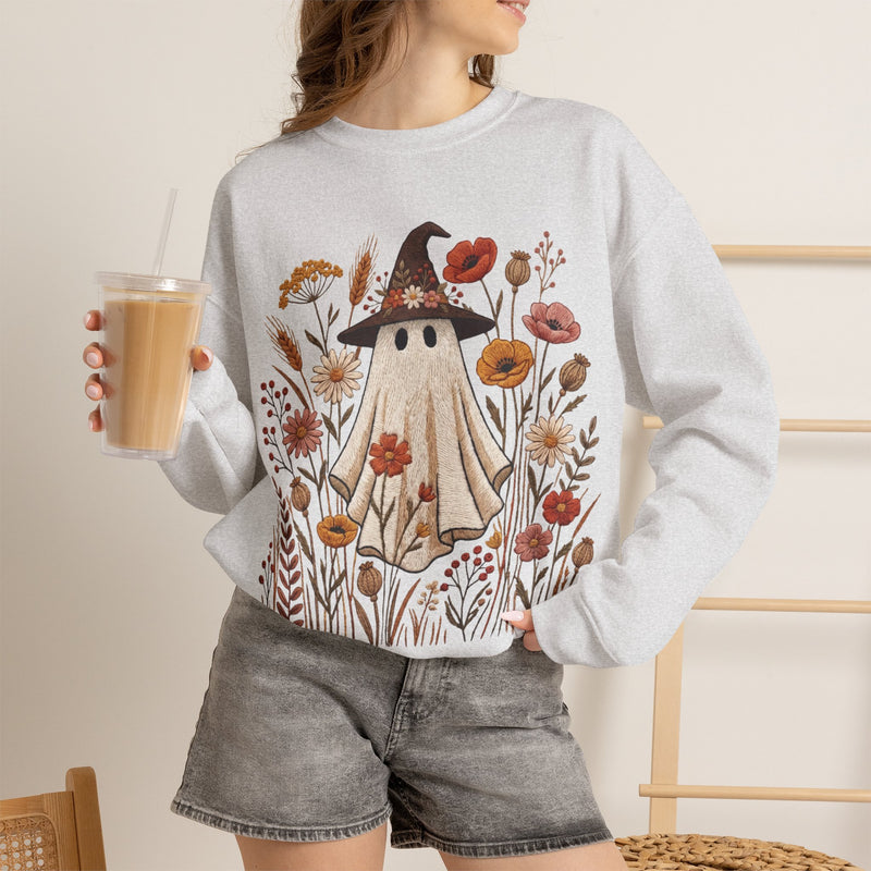 Cute Ghost Witch Fall Sweatshirt, Floral Halloween Crewneck Sweater, Boho Wildflower Spooky Season Pullover, Cozy Autumn Ghost Gift