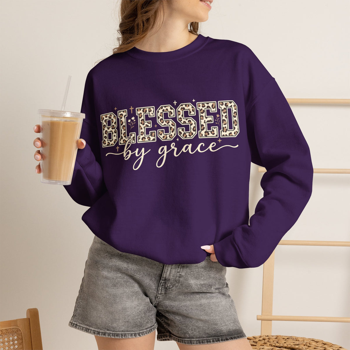 Blessed by Grace Christian Sweatshirt, Leopard Print Faith Crewneck, Western Christian Graphic Sweater, Religious Gift for Her