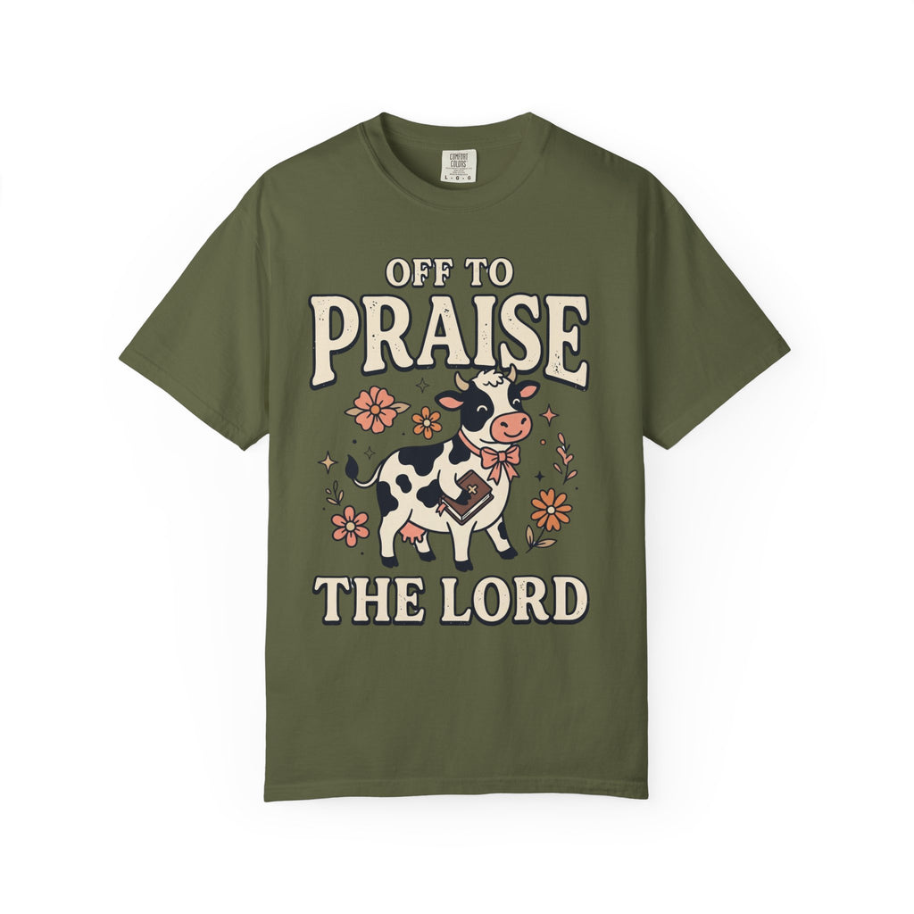 Comfort Colors Off to Praise the Lord Christian T-Shirt, Cute Cow Bible Tee, Floral Faith Graphic Shirt, Western Christian Gift