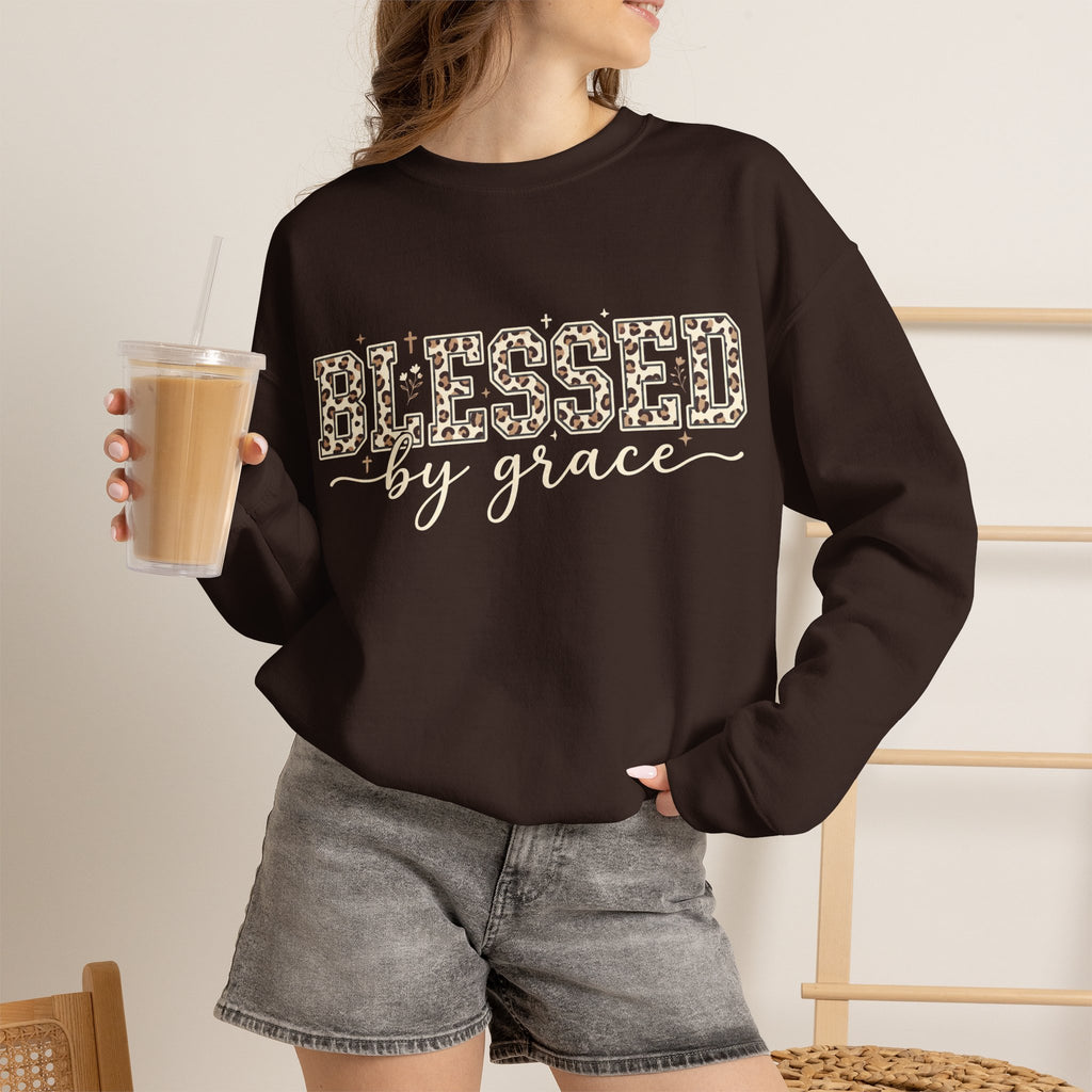 Blessed by Grace Christian Sweatshirt, Leopard Print Faith Crewneck, Western Christian Graphic Sweater, Religious Gift for Her