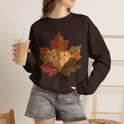 Patchwork Maple Leaf Fall Sweatshirt, Quilted Autumn Leaf Crewneck Sweater, Vintage Floral Plaid Thanksgiving Pullover, Cozy Fall Gift